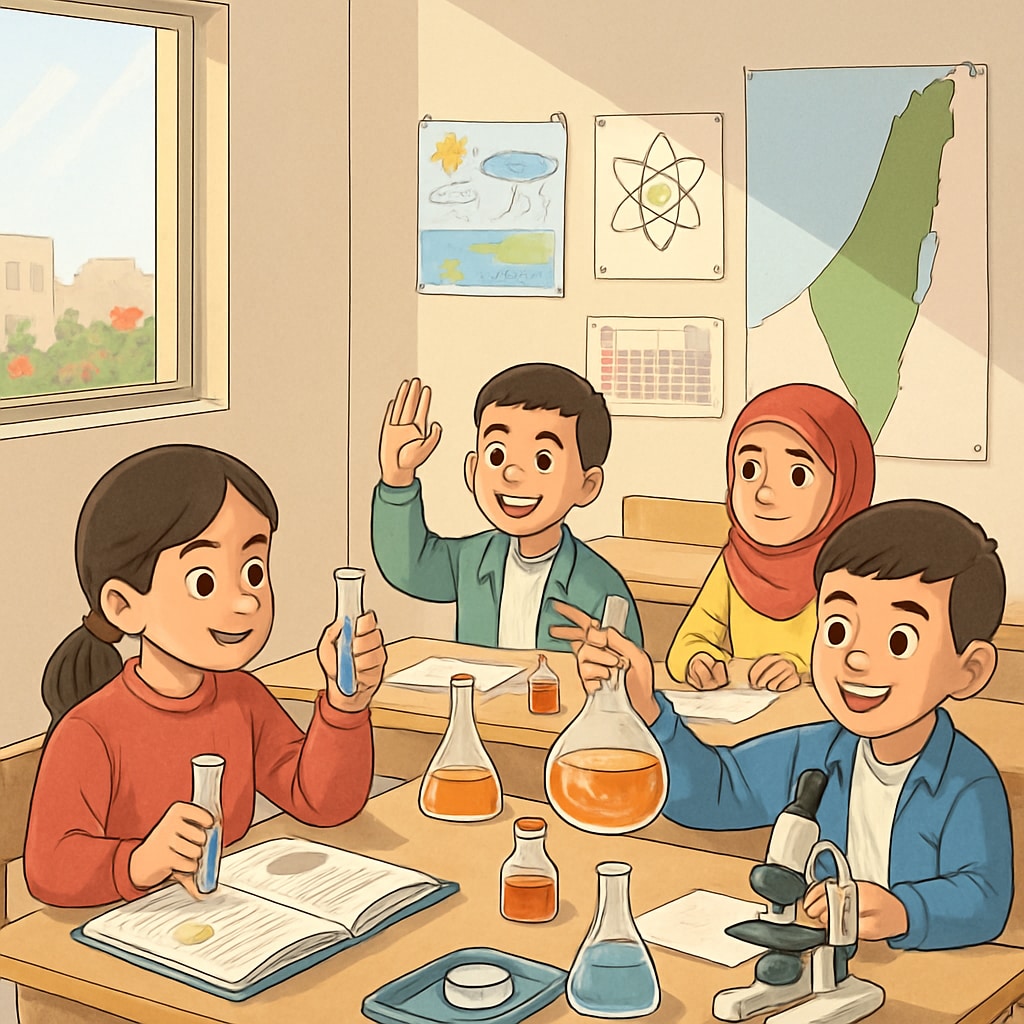 Children in Gaza classroom conducting a science experiment.