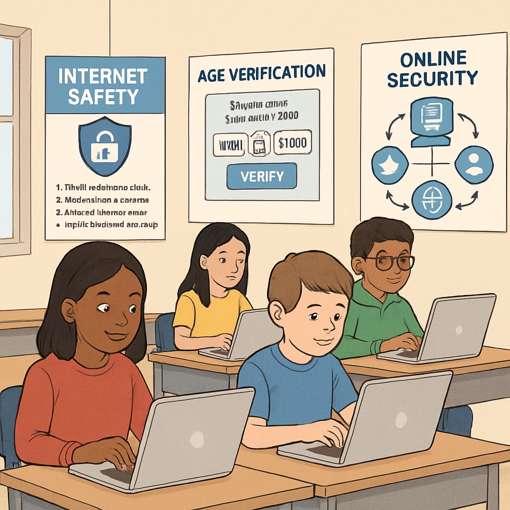 Students using laptops in a classroom, illustrating age verification challenges under UK law.