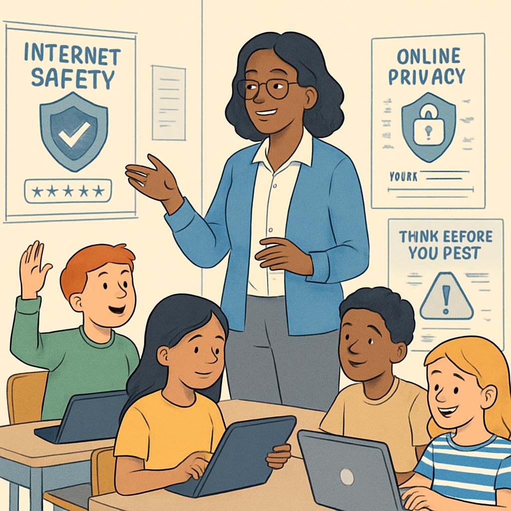 Students in a workshop discussing internet safety and VPN use in schools.