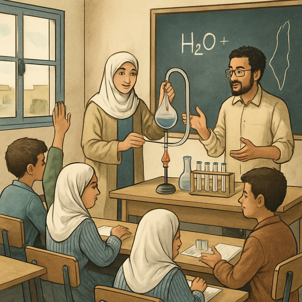 Gaza classroom with students conducting a science experiment, part of a rebuilding curriculum.