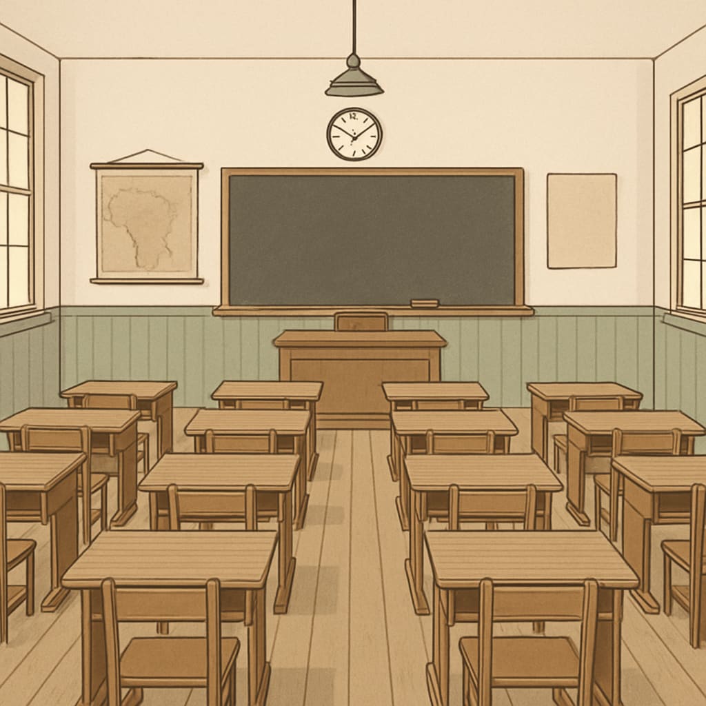 A black-and-white photograph of an early 20th-century classroom, symbolizing the industrial model of education. Early 20th-century classroom image symbolizing industrial education.