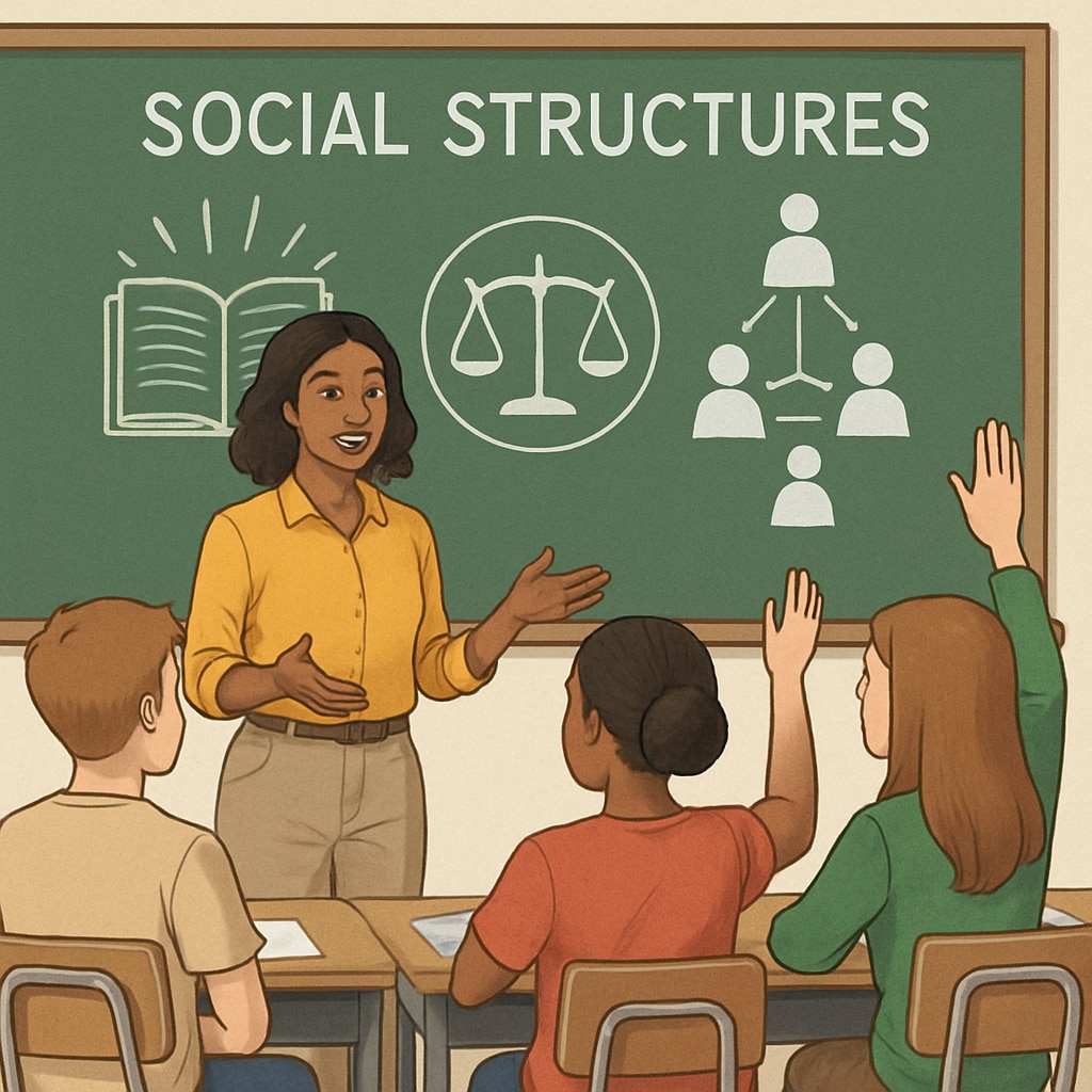 A teacher in a classroom discussing societal structures with students, addressing the topic of social class systems.