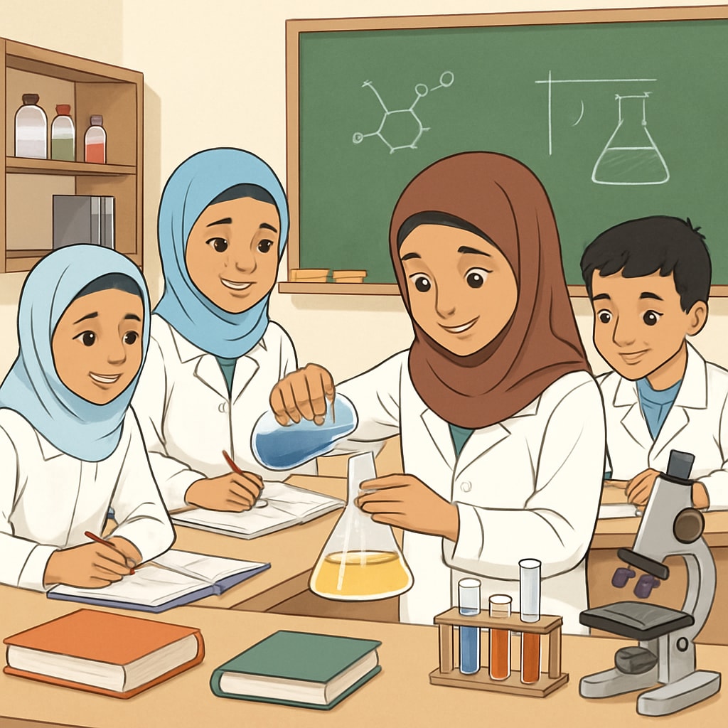 Classroom in Gaza with students performing science experiments.