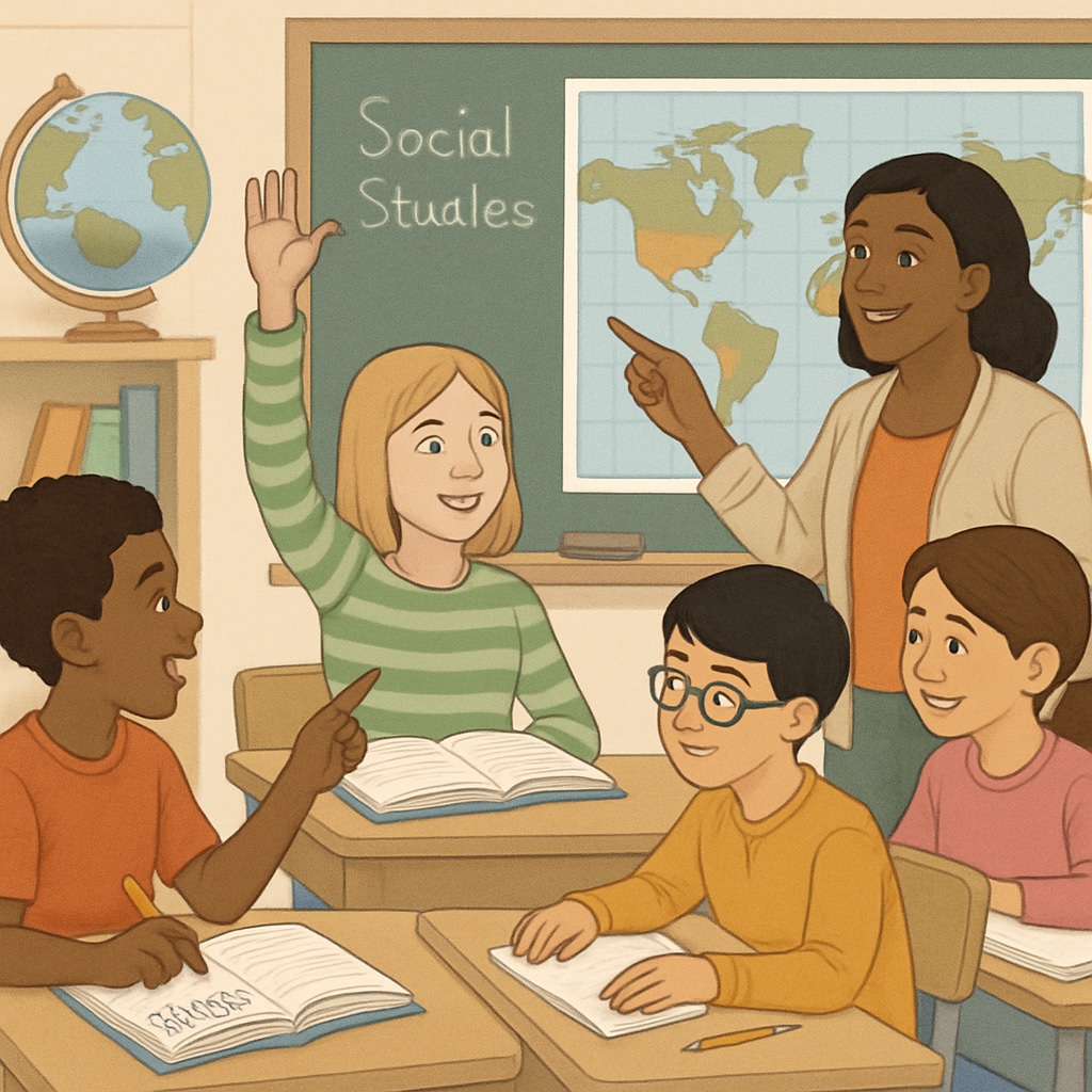 A group of diverse students in a classroom participating in a social studies lesson about societal structures.