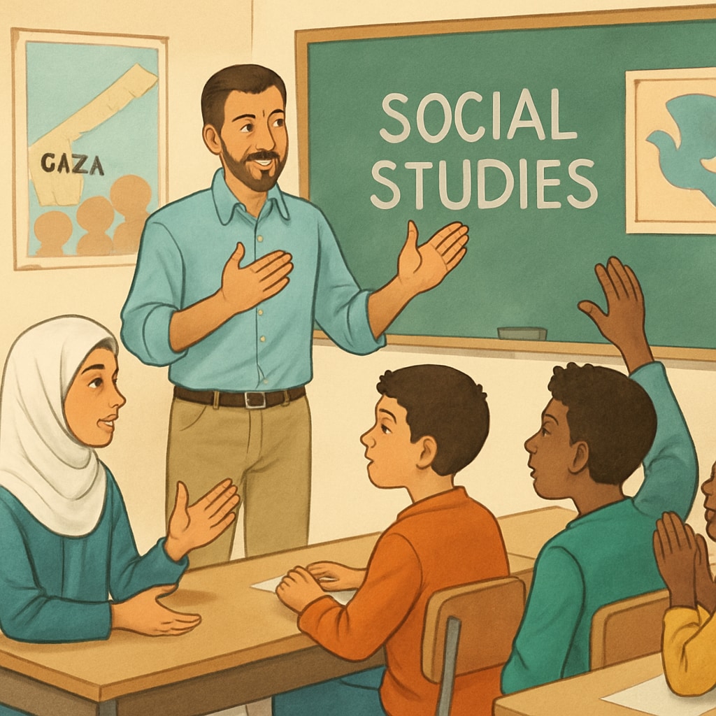 Gaza teacher guiding social studies discussion in class.
