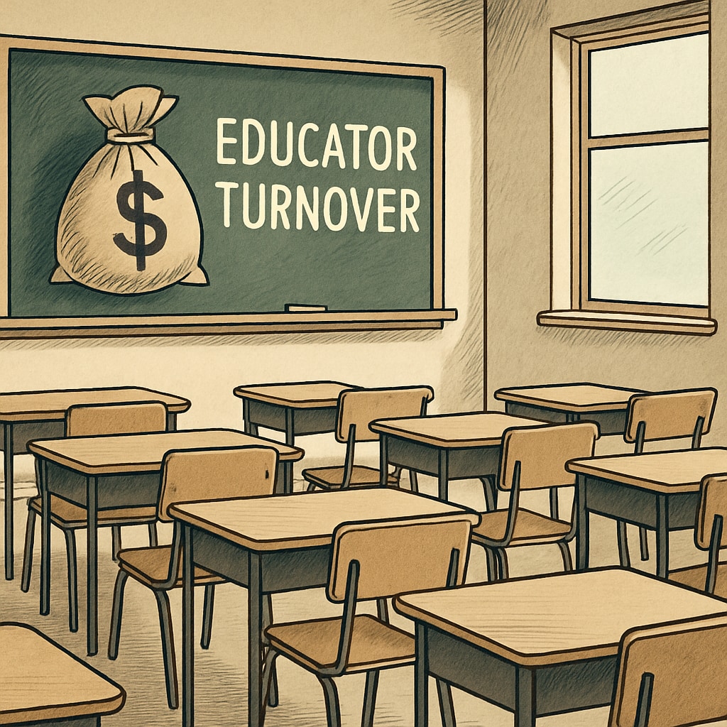 A classroom with empty desks, symbolizing the risk of educator turnover due to financial challenges. Empty classroom highlighting educator turnover risks due to student loan changes.