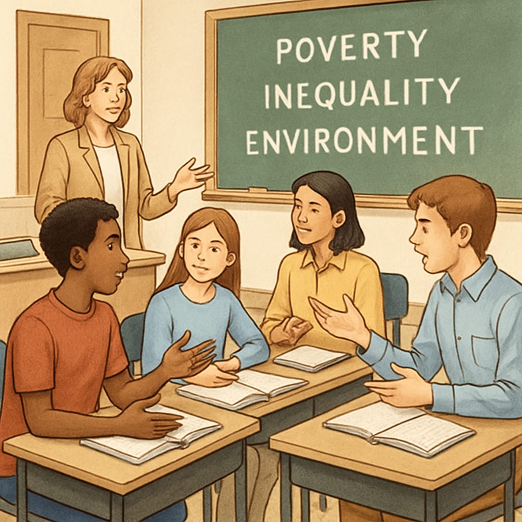 Classroom discussion on social issues emphasizing critical thinking and empowerment.