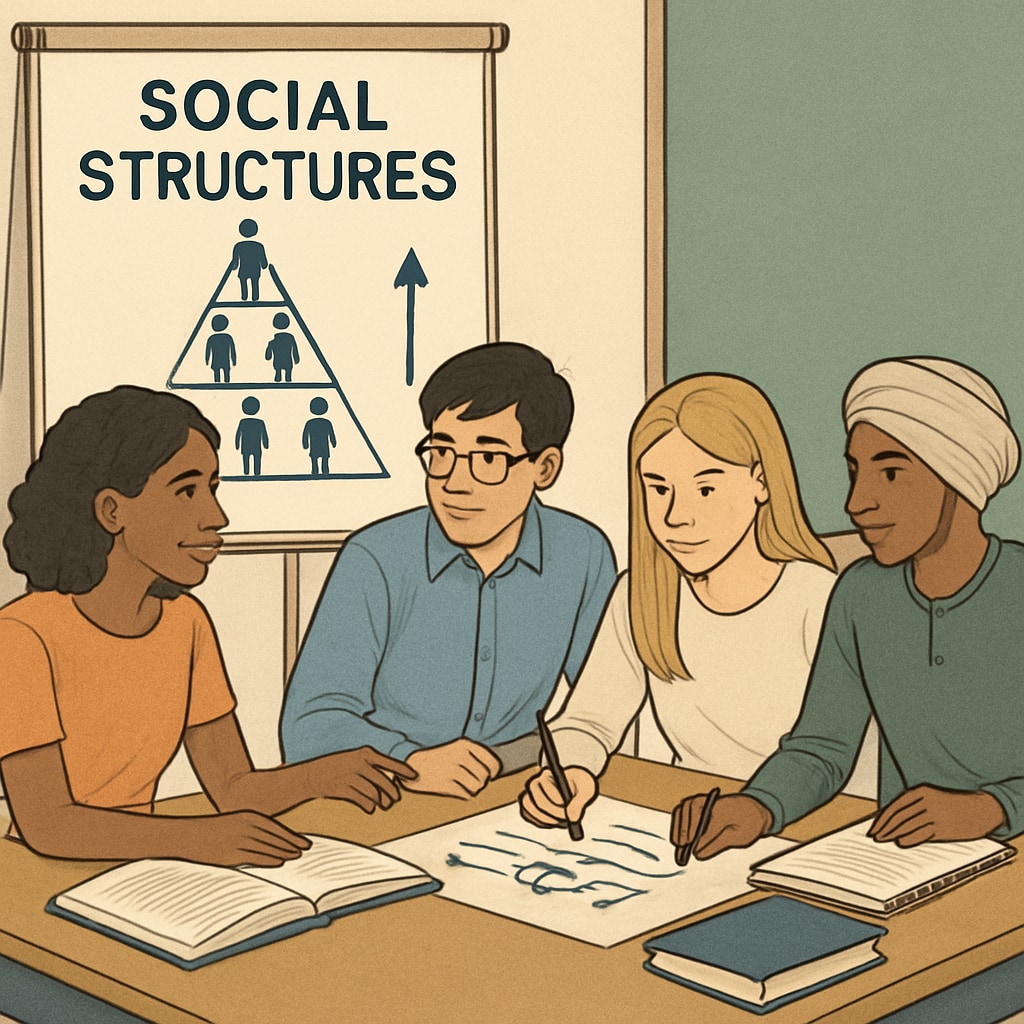 Students working together on a sociology project discussing social class mobility and empowerment.
