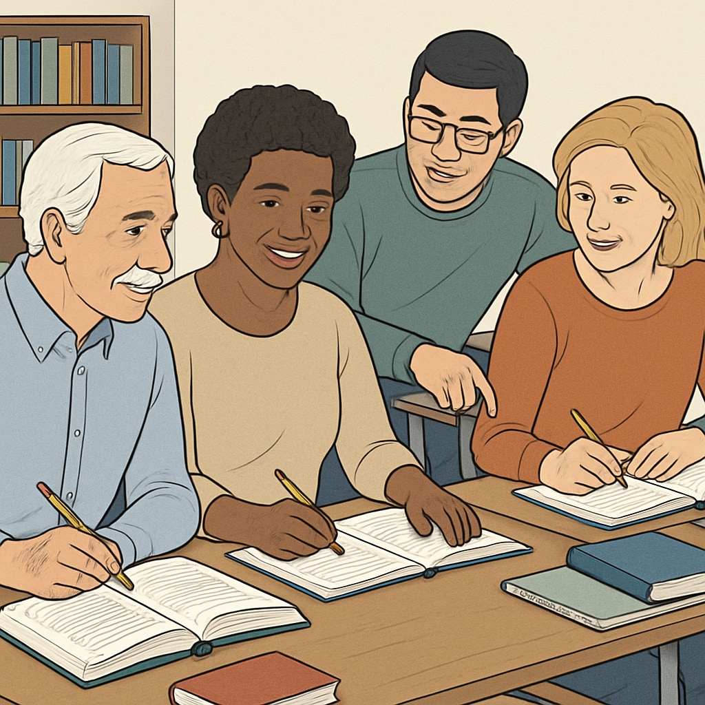 Adults in a classroom setting, bridging educational gaps.