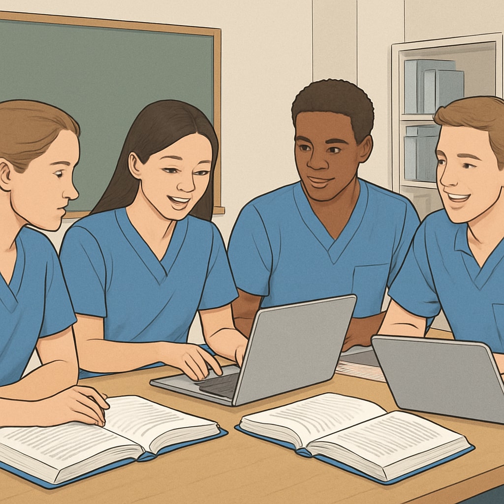 A dynamic group of nursing students collaborating in a study session, using laptops and textbooks. Nursing students working together in a study group with laptops and textbooks.