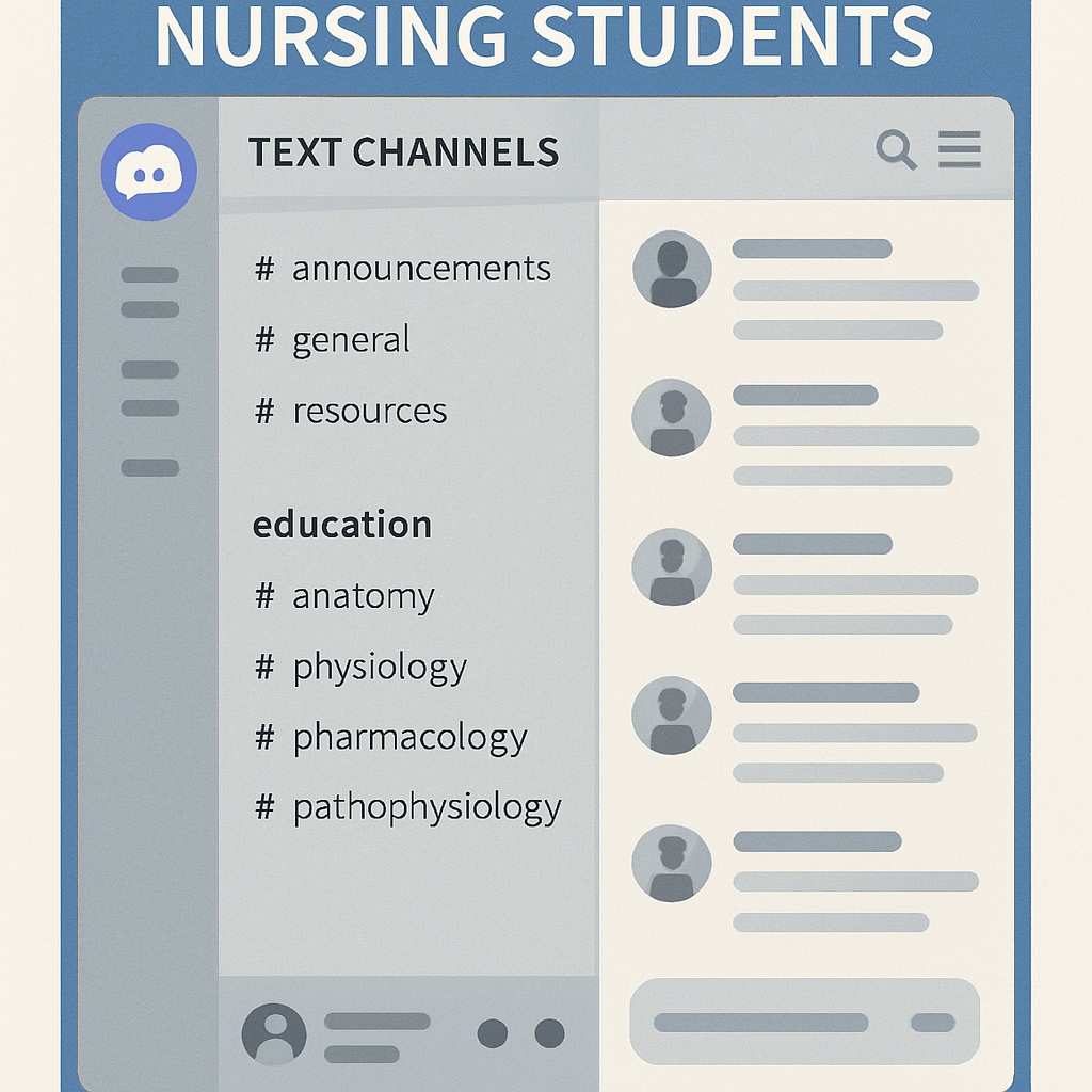 A screenshot of a well-organized Discord server for nursing students, with channels for different subjects and resources. Organized Discord server for nursing students with subject-specific channels.