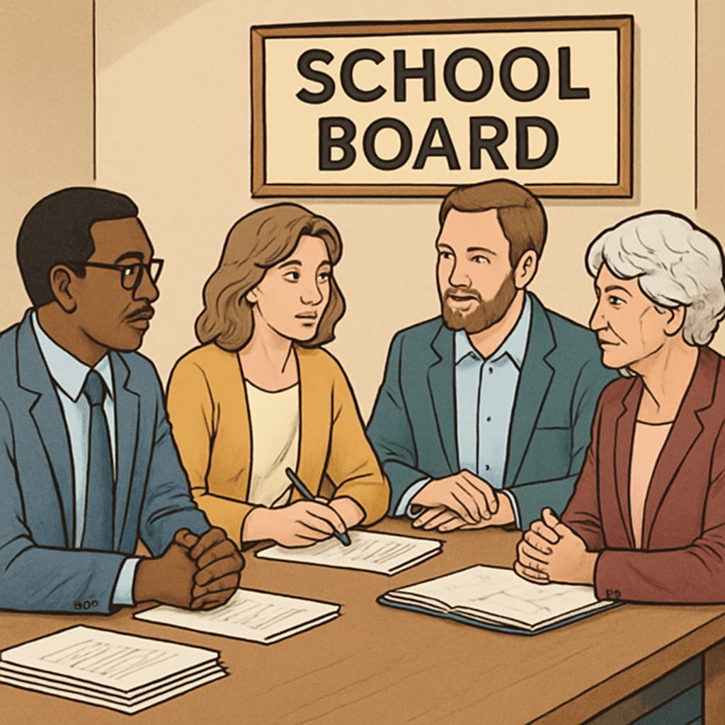 School board members discussing policies in a meeting.