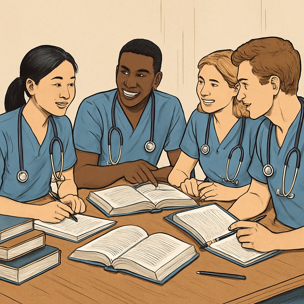 Nursing students engaging in a study group, discussing topics collaboratively.
