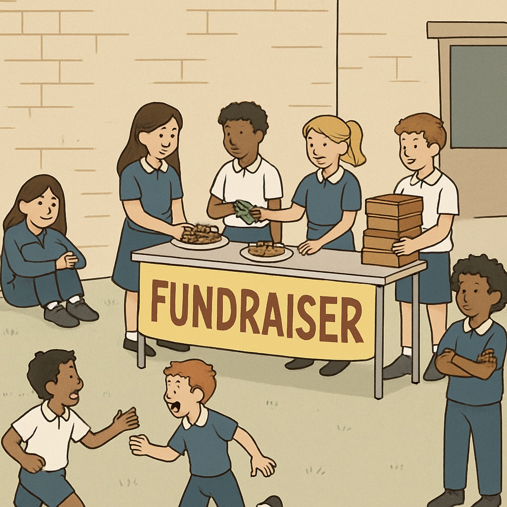 Students at a school event, highlighting economic privilege from fundraising tiers.