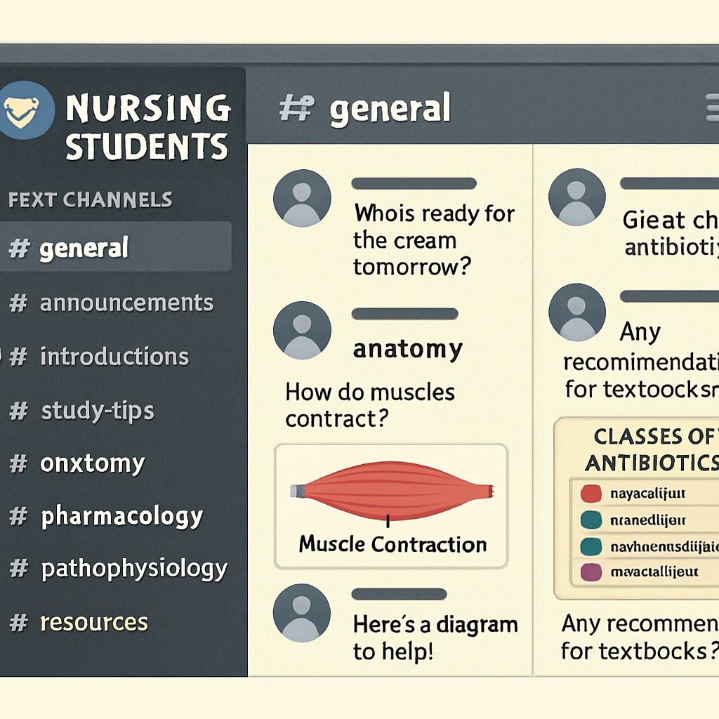 Discord server for nursing students with organized channels and shared resources.
