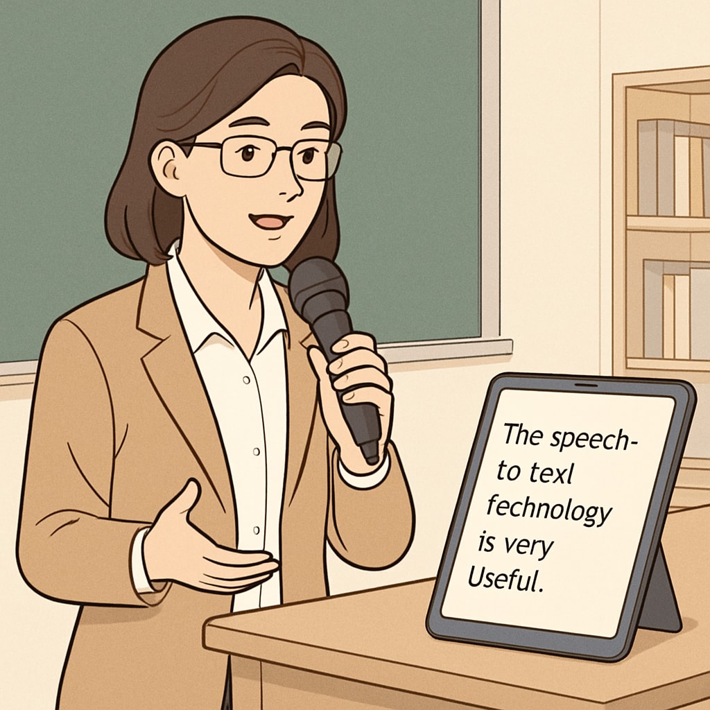 A teacher speaking into a microphone while a digital device transcribes their speech in real-time. The image reinforces the concept of speech-to-text technology in action. Teacher using speech-to-text technology for transcription with WillowVoice
