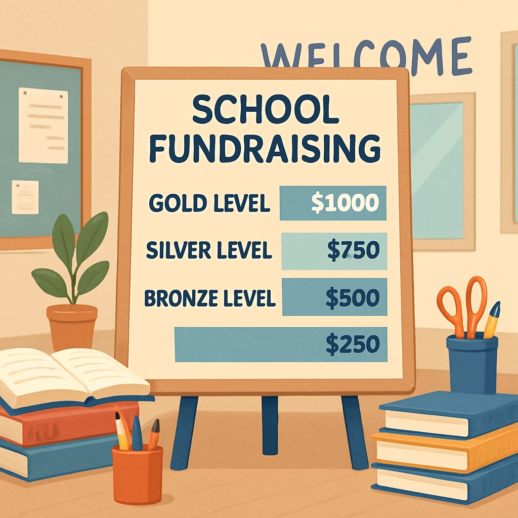 A school fundraising event with tiered donation goals prominently displayed on a board or table, highlighting different levels of contribution. School fundraising event showcasing tiered donation goals and inequality concerns.