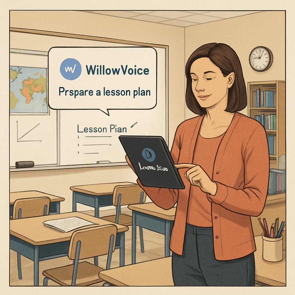 A classroom setting where a teacher uses a tablet integrated with WillowVoice to prepare lesson plans quickly. The image highlights practical applications of WillowVoice in education. Teacher using WillowVoice on a tablet in a classroom