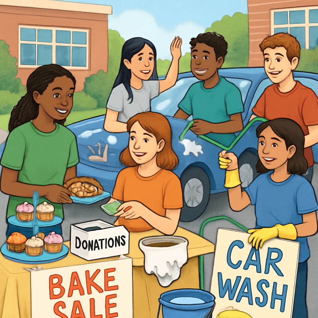 Students participating in a collaborative fundraising event, such as a bake sale or community car wash, emphasizing inclusivity. Students at a fundraising event promoting equitable contributions and inclusivity.