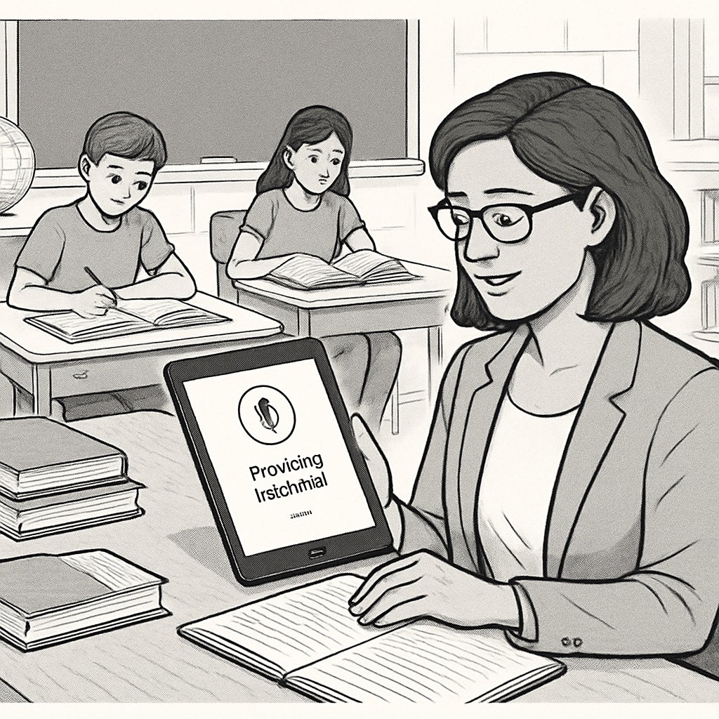 A teacher using a speech-to-text tool to provide feedback on a tablet during a classroom session. Teacher using WillowVoice for speech-to-text feedback in a classroom setting.