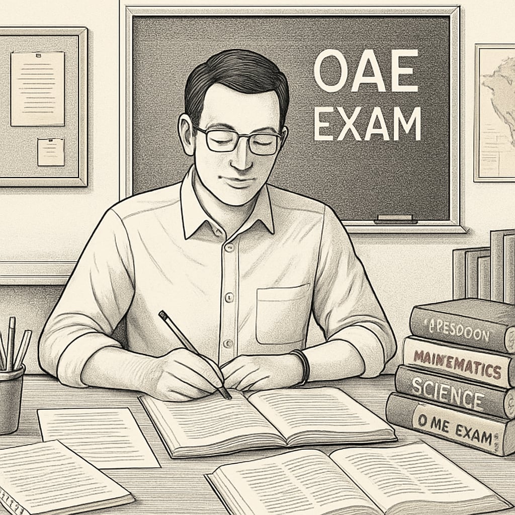A teacher calmly studying for an exam with organized notes and resources on a desk. This image reflects preparation strategies related to the OAE exam. Teacher preparing for OAE exam with notes and resources to combat exam anxiety.