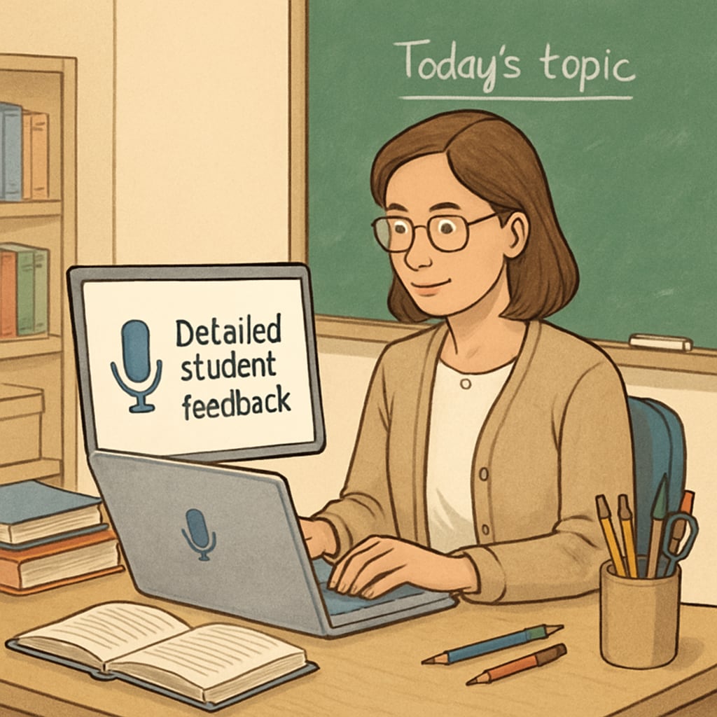 A teacher using speech-to-text software on a laptop to prepare student feedback. Teacher using speech-to-text software for administrative tasks.