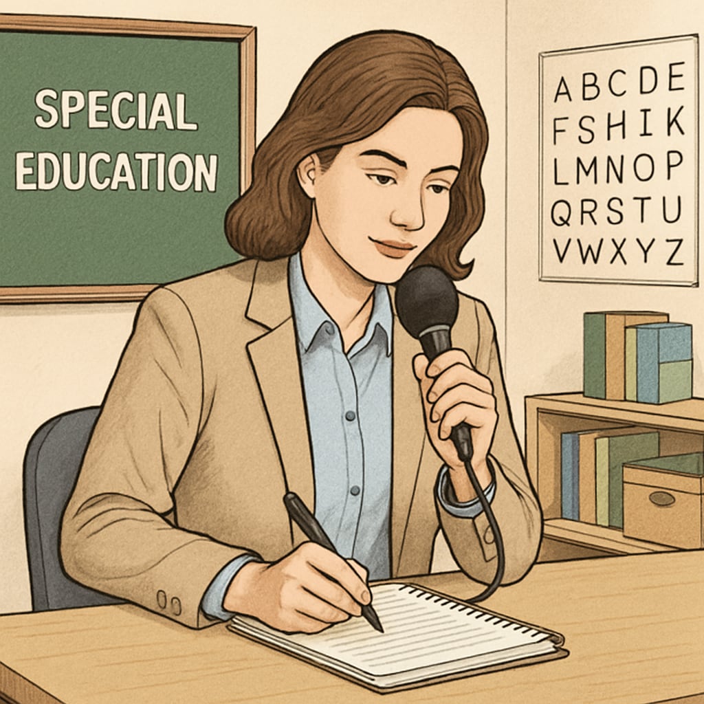 A special education teacher speaking into a microphone to document progress notes for a student with a disability. Special education teacher using speech-to-text technology for student documentation.