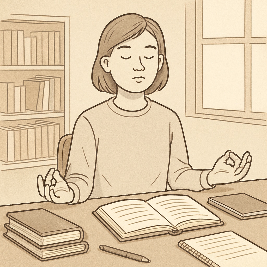 A student practicing mindfulness and breathing exercises in a quiet study environment. This image highlights relaxation techniques to manage exam anxiety. Student using mindfulness techniques to reduce exam anxiety during OAE preparation.