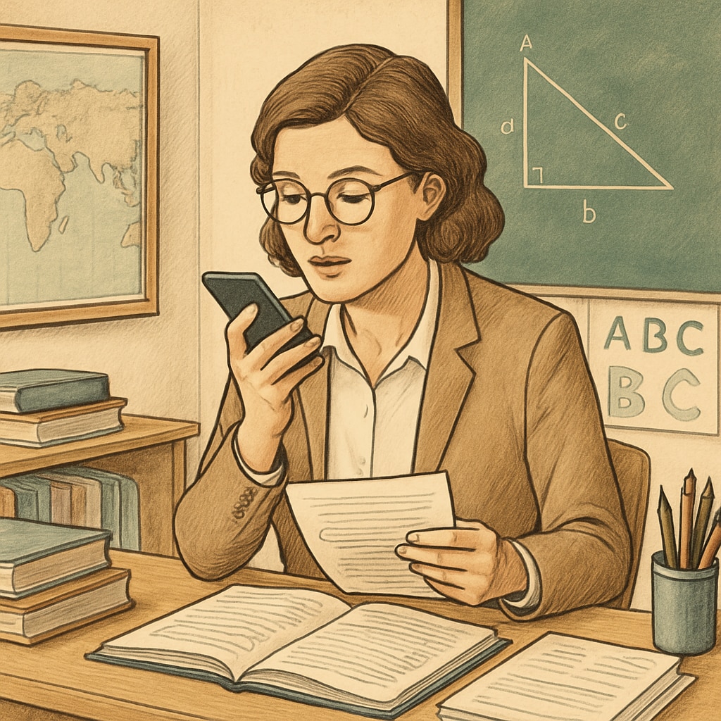 A teacher dictating notes into a smartphone while reviewing student assignments. Teacher using speech-to-text technology for classroom efficiency.