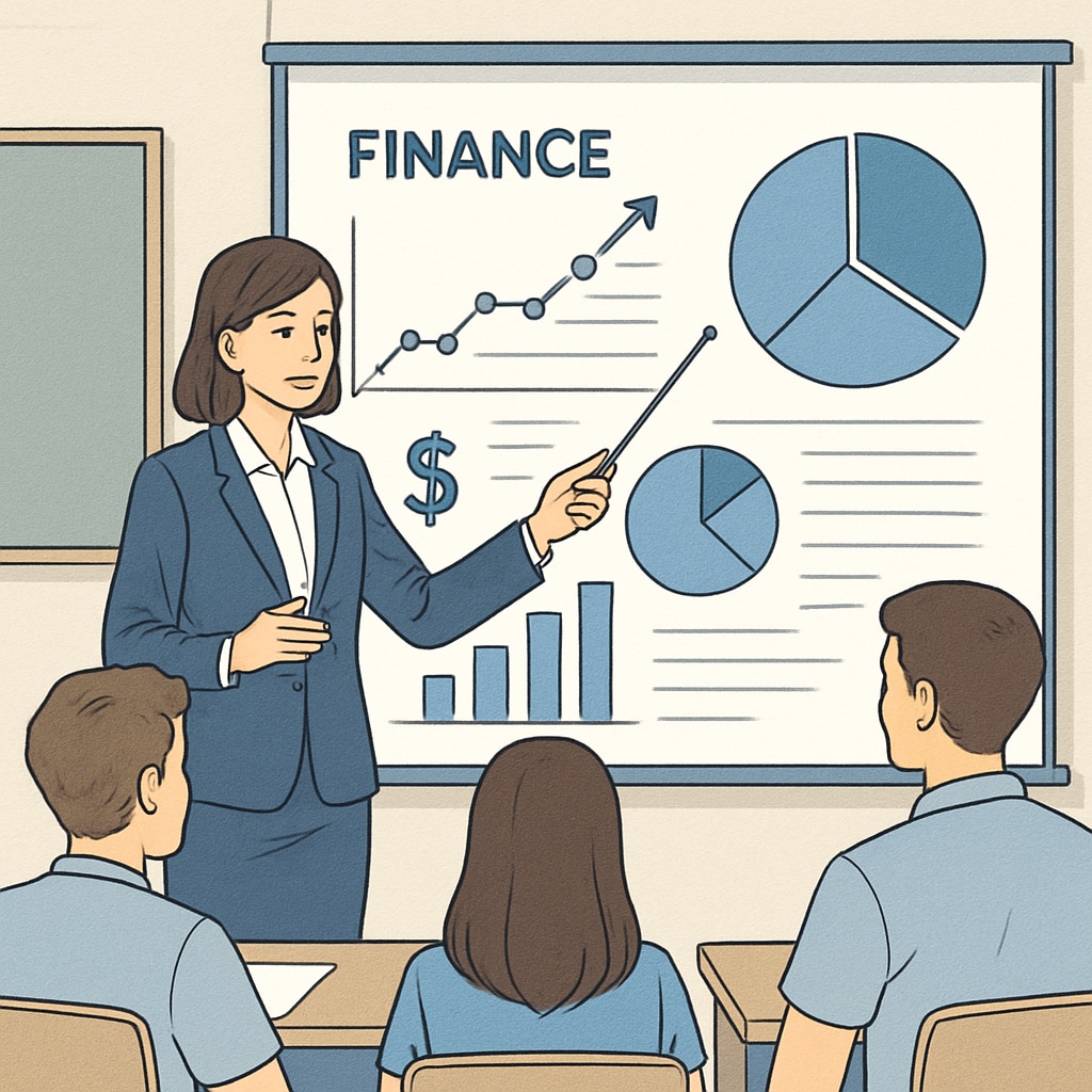 Financial education lesson in a school classroom, featuring charts and graphs.