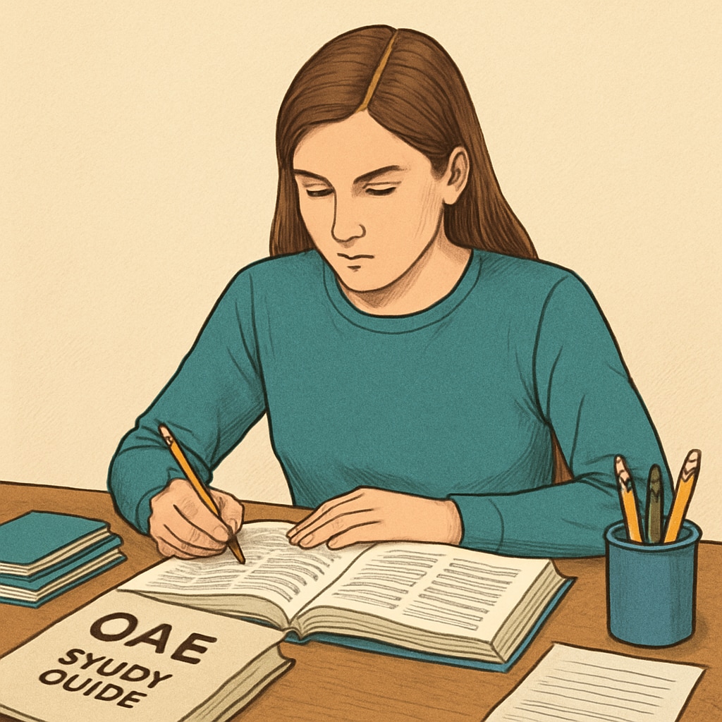 A student sitting at a desk with OAE study materials, looking focused and prepared. Student preparing for the OAE exam with study materials.