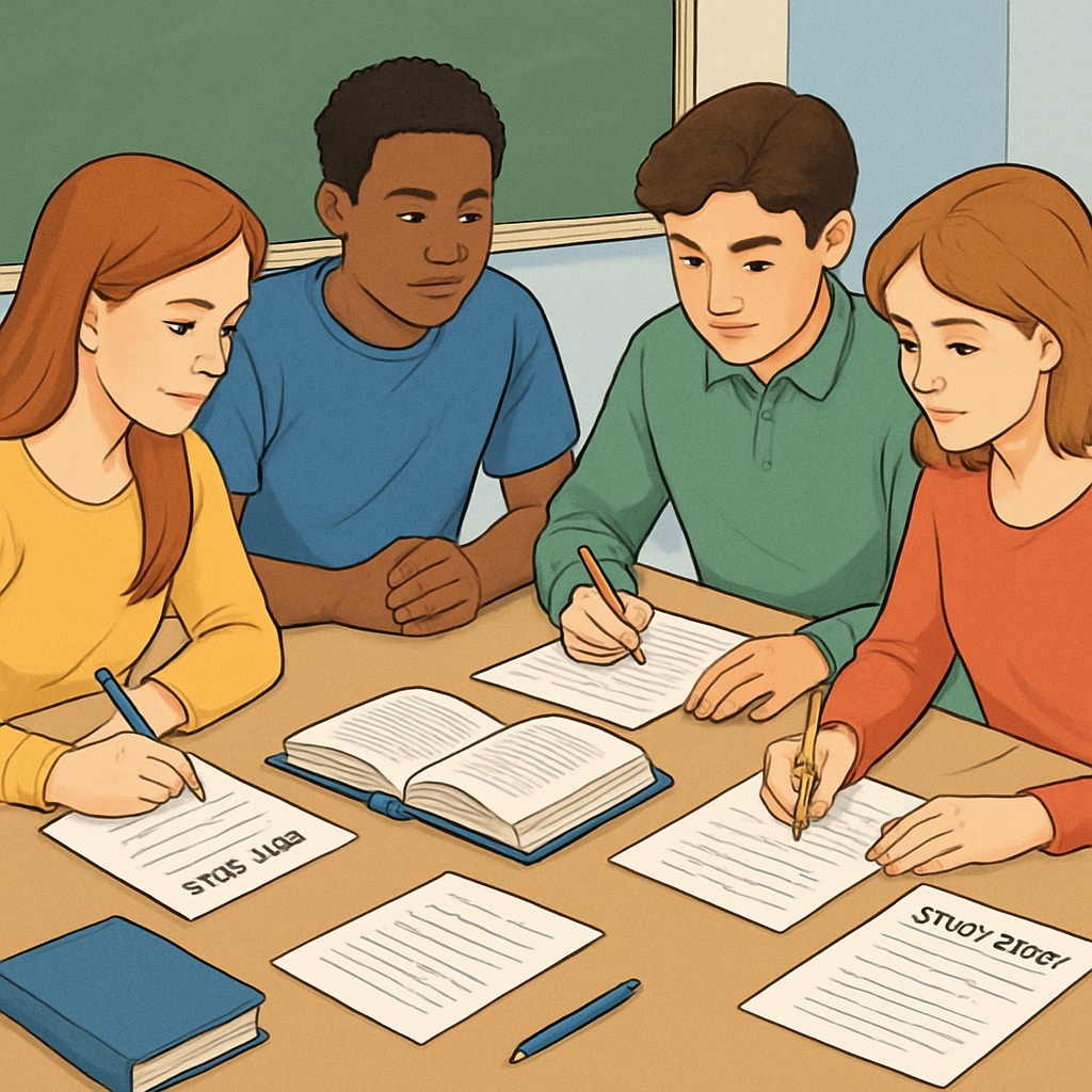 A group of students sitting at a table, reviewing OAE study guides together. Students reviewing OAE study guides to prepare for the Ohio teacher certification exam.