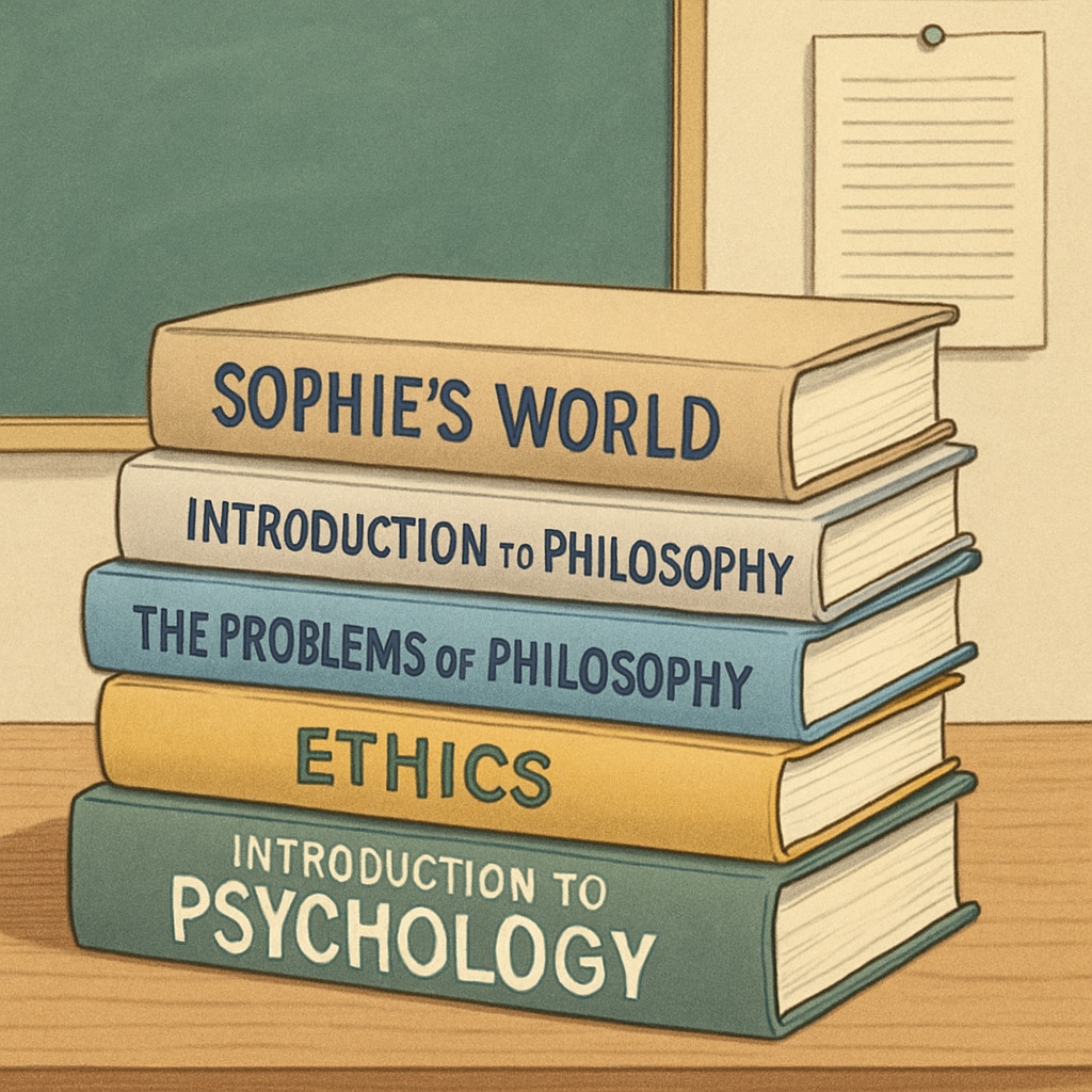A stack of beginner-friendly philosophy and psychology books on a desk, including titles like Beginner-friendly philosophy and psychology books for amateur learning.
