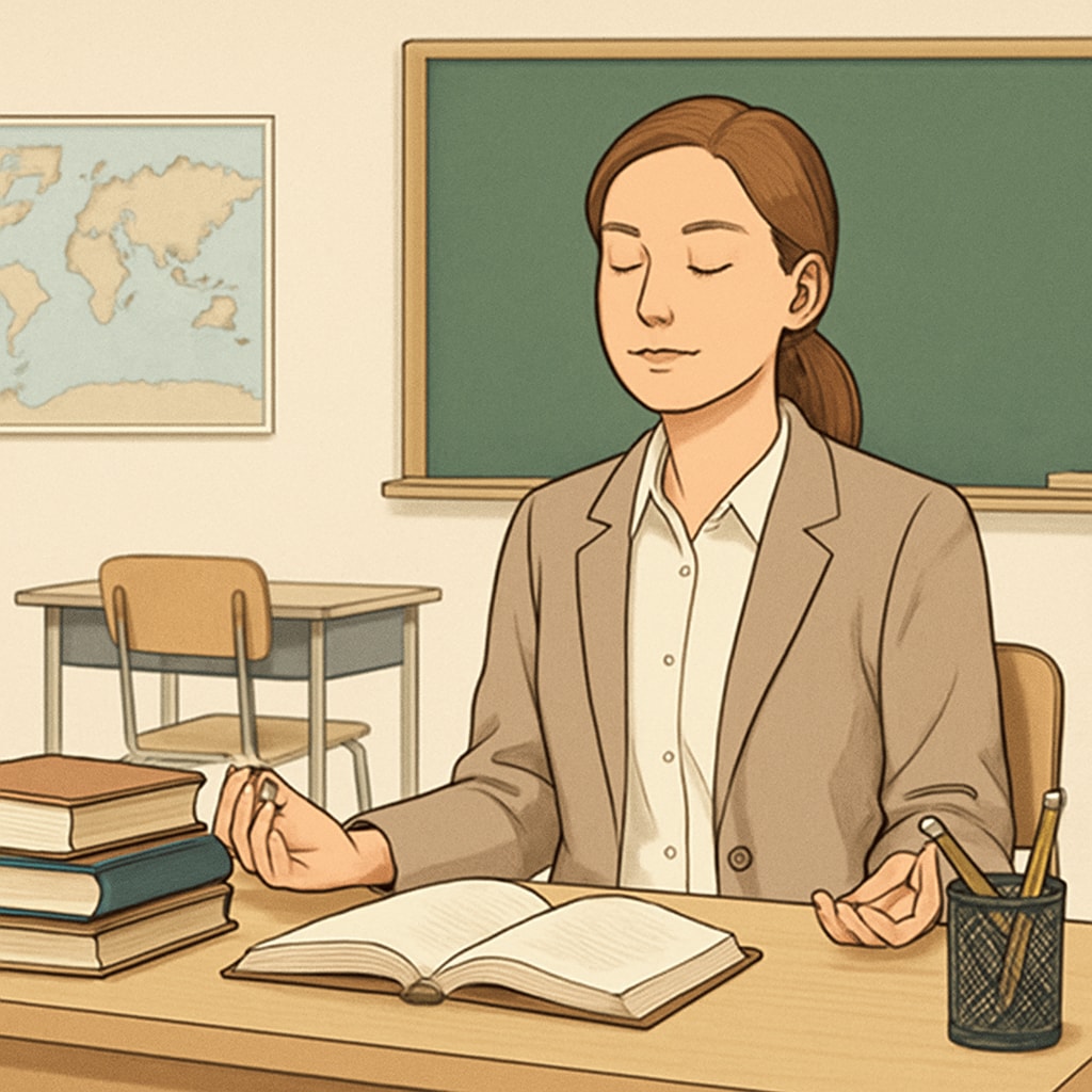 A teacher candidate practicing mindfulness techniques before the OAE exam. Teacher candidate using relaxation methods to manage exam stress.