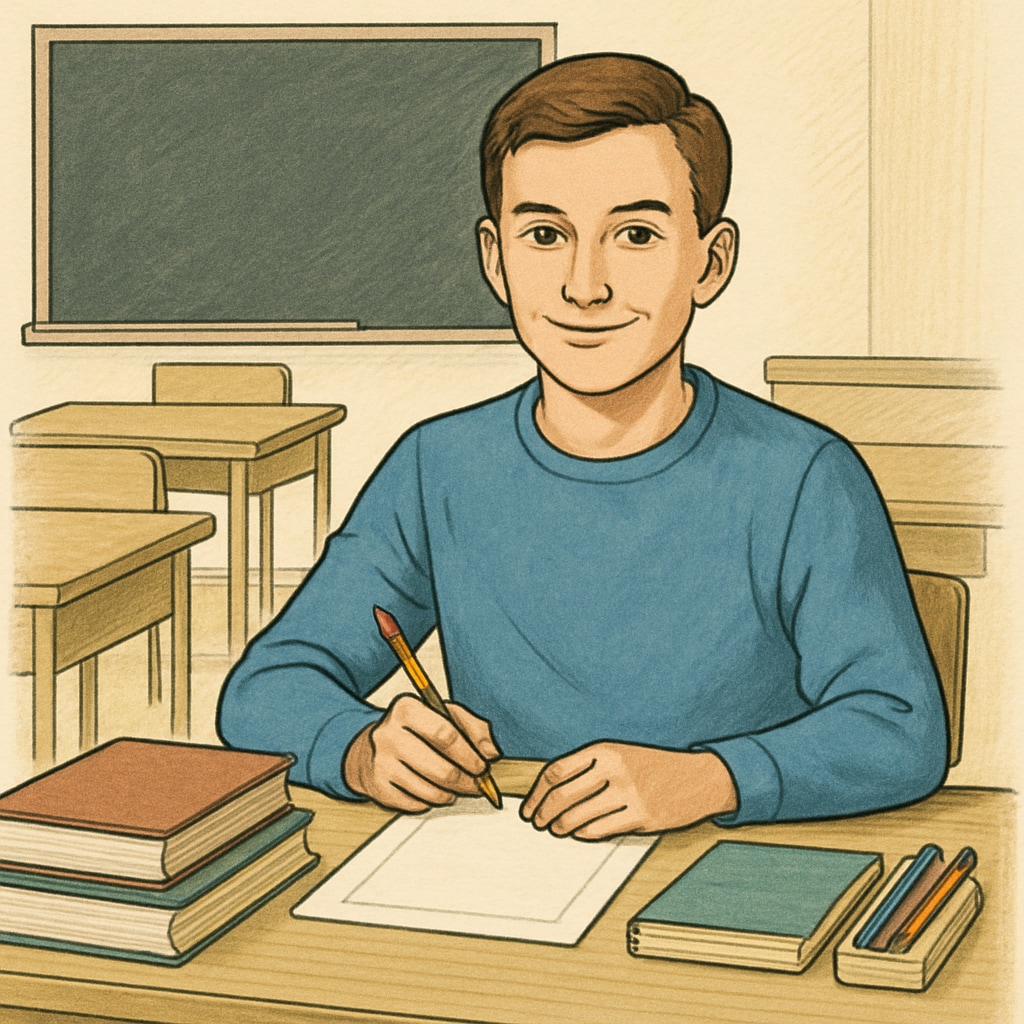 A calm test-taker sitting at a desk, smiling confidently before starting the exam. Confident student ready to take the OAE teacher certification exam.