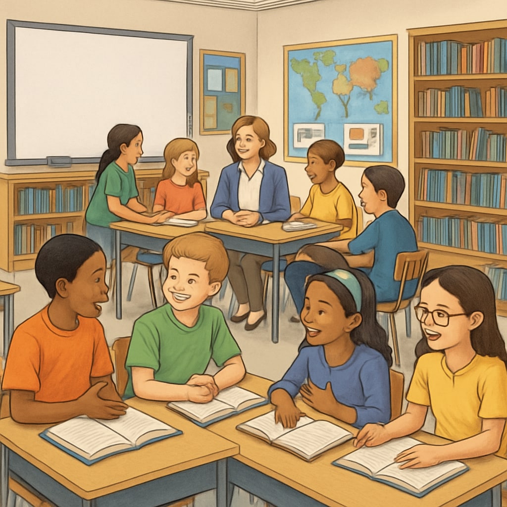 A vibrant public school classroom with students and teachers engaging in group activities. Public school classroom activities in top school districts, illustrating the quality of education.