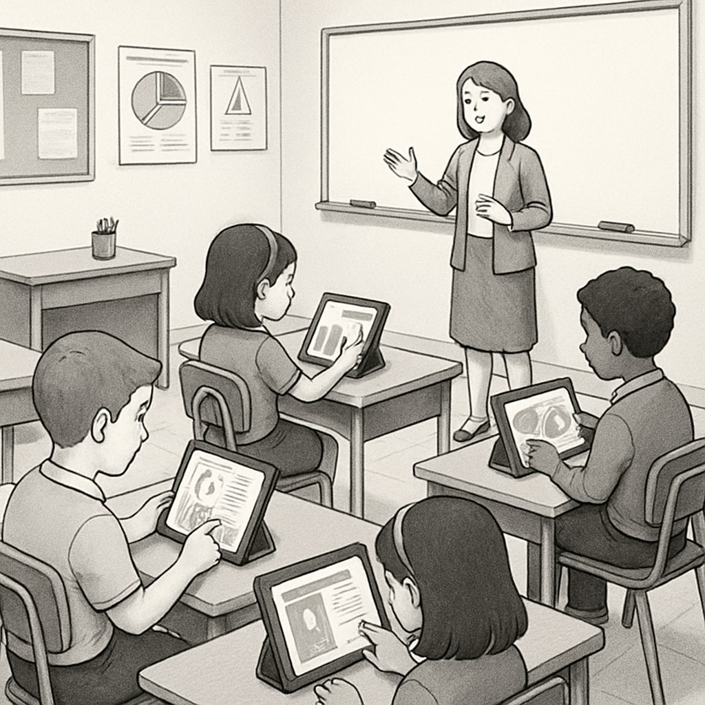 A classroom with students using AI-powered tablets, showcasing personalized learning in action. Students interacting with AI-powered tablets in a classroom setting.