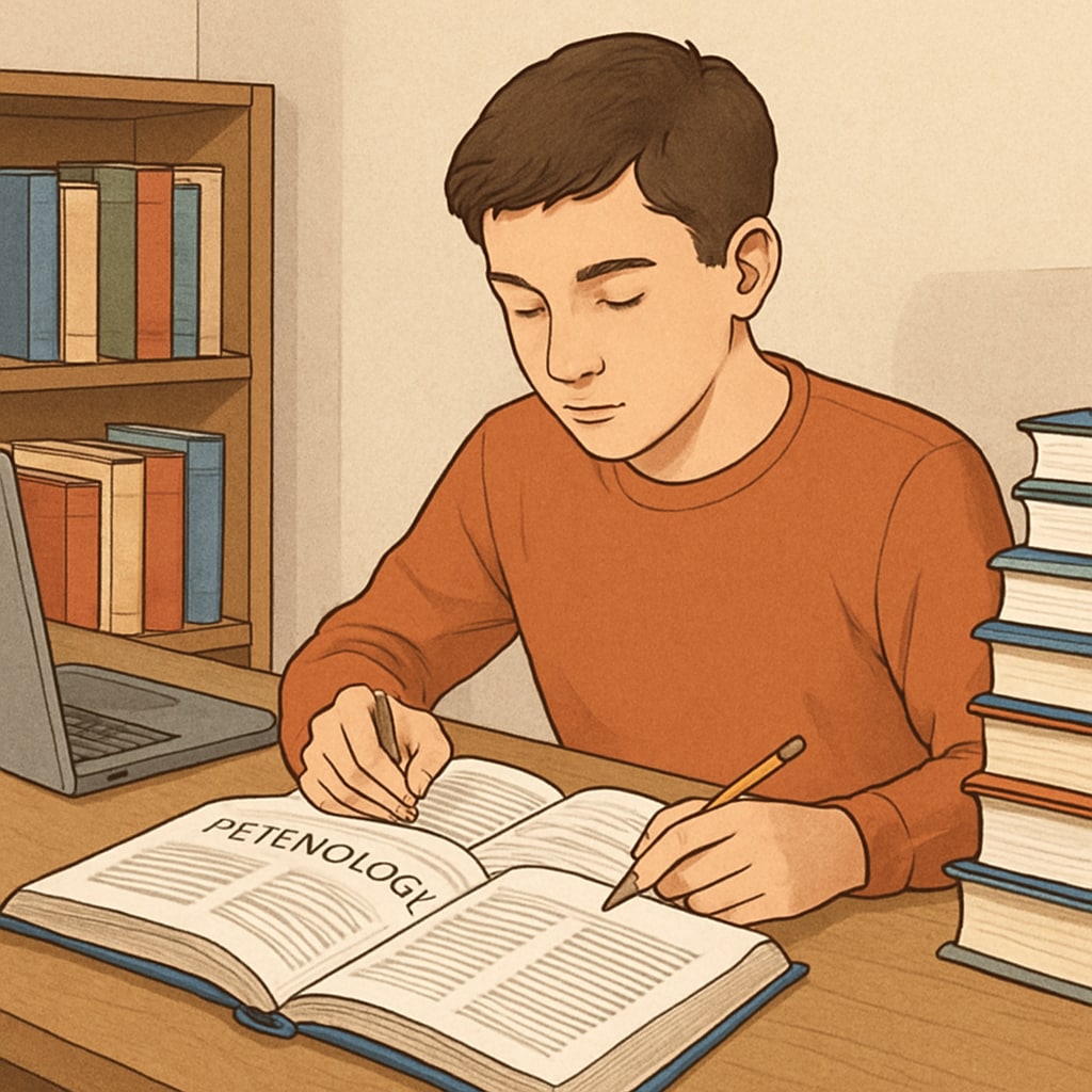 A young student reading a psychology textbook while taking notes. The setting is a cozy study space with books and a laptop. Student reading psychology textbook for self-learning.