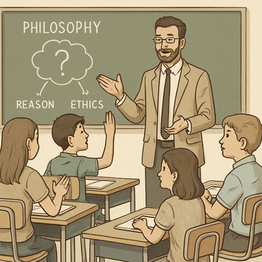 A classroom of K12 students engaged in a philosophy discussion led by their teacher. K12 students discussing philosophy concepts in class.