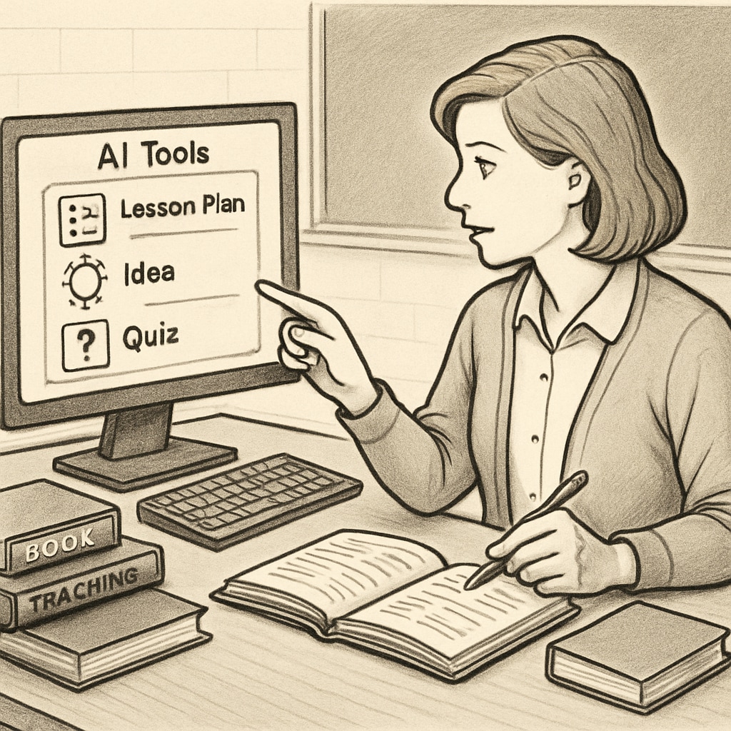 A teacher collaborating with AI software to design interactive and customized lesson plans. A teacher using AI tools to create personalized classroom experiences.