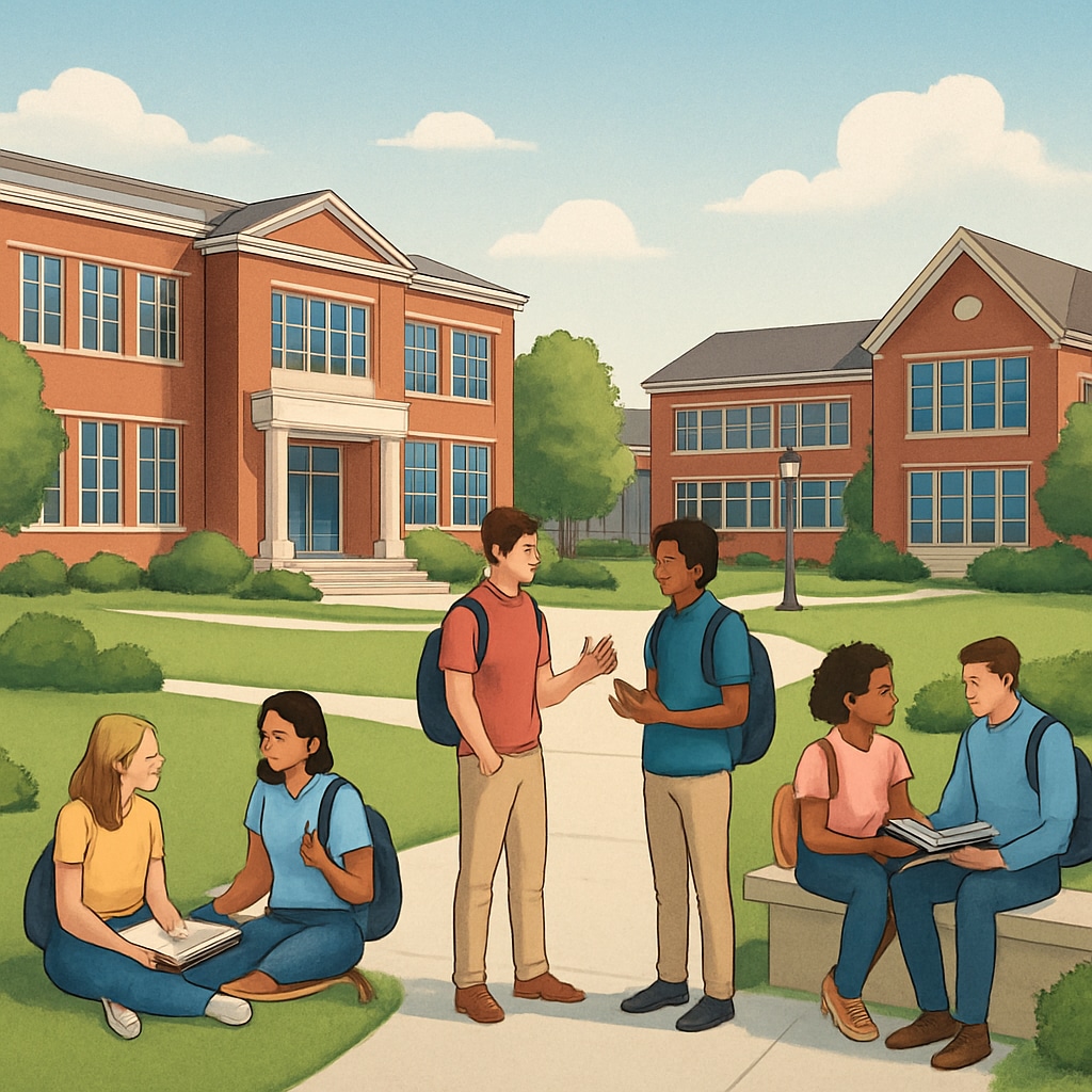 A private school campus featuring modern facilities and small groups of students in discussion. Private school campus with small class sizes and personalized education opportunities.