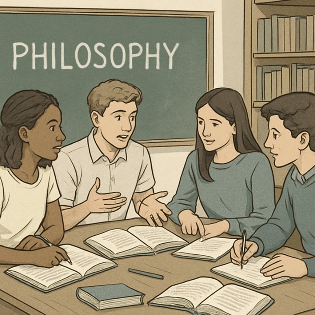 A high school student discussing philosophical concepts with peers in a study group. The image shows collaborative learning. Students engaging in a philosophical discussion.
