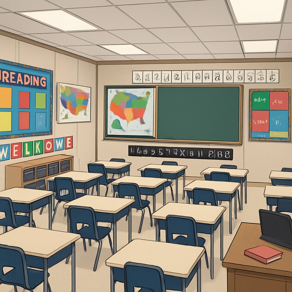 A temporary modular classroom set up for elementary students with desks and colorful decorations. A temporary modular classroom used during school renovations for children’s learning.