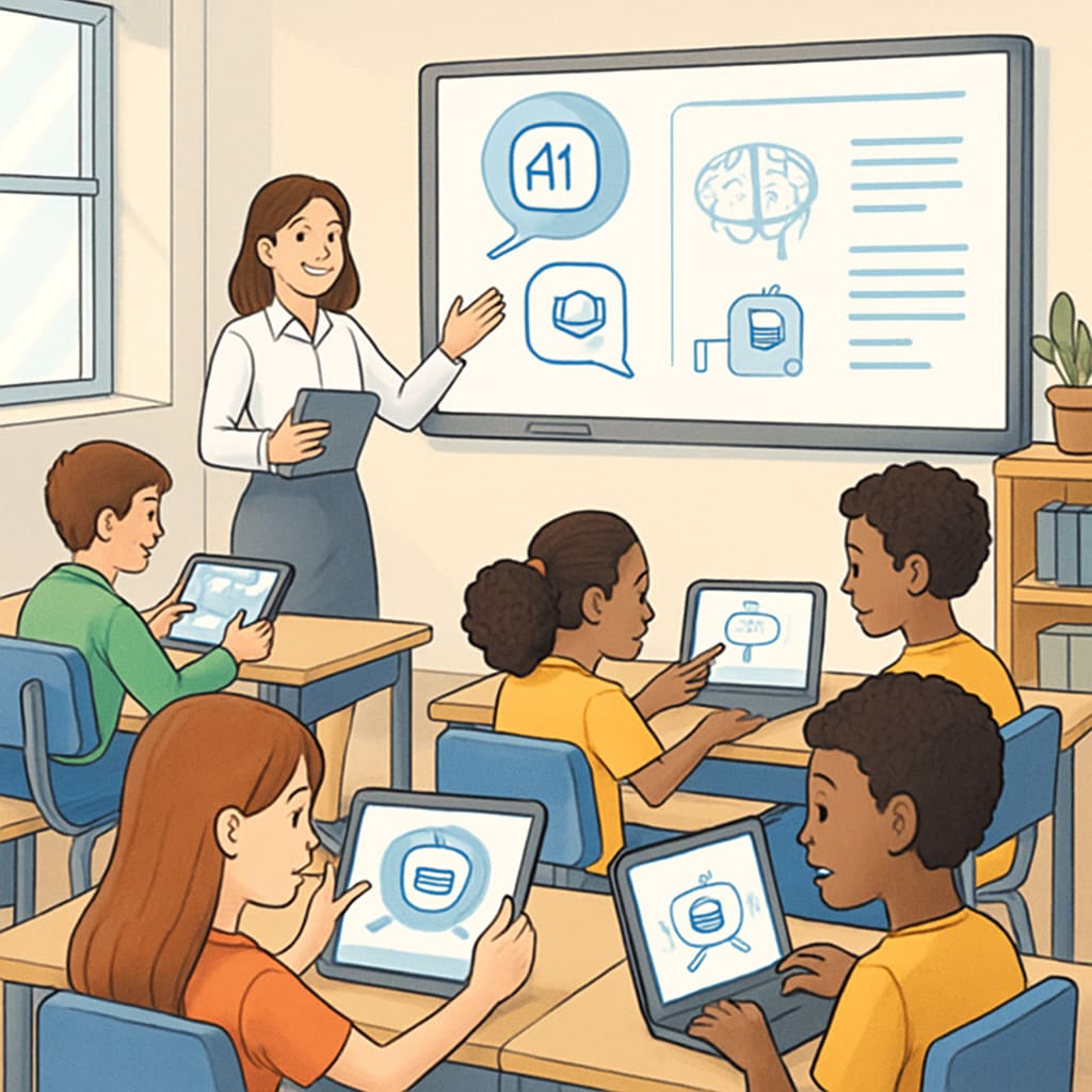 A classroom scene where students use AI-powered tools and digital devices to enhance their learning experience. Students using AI tools in a classroom environment to improve education outcomes.