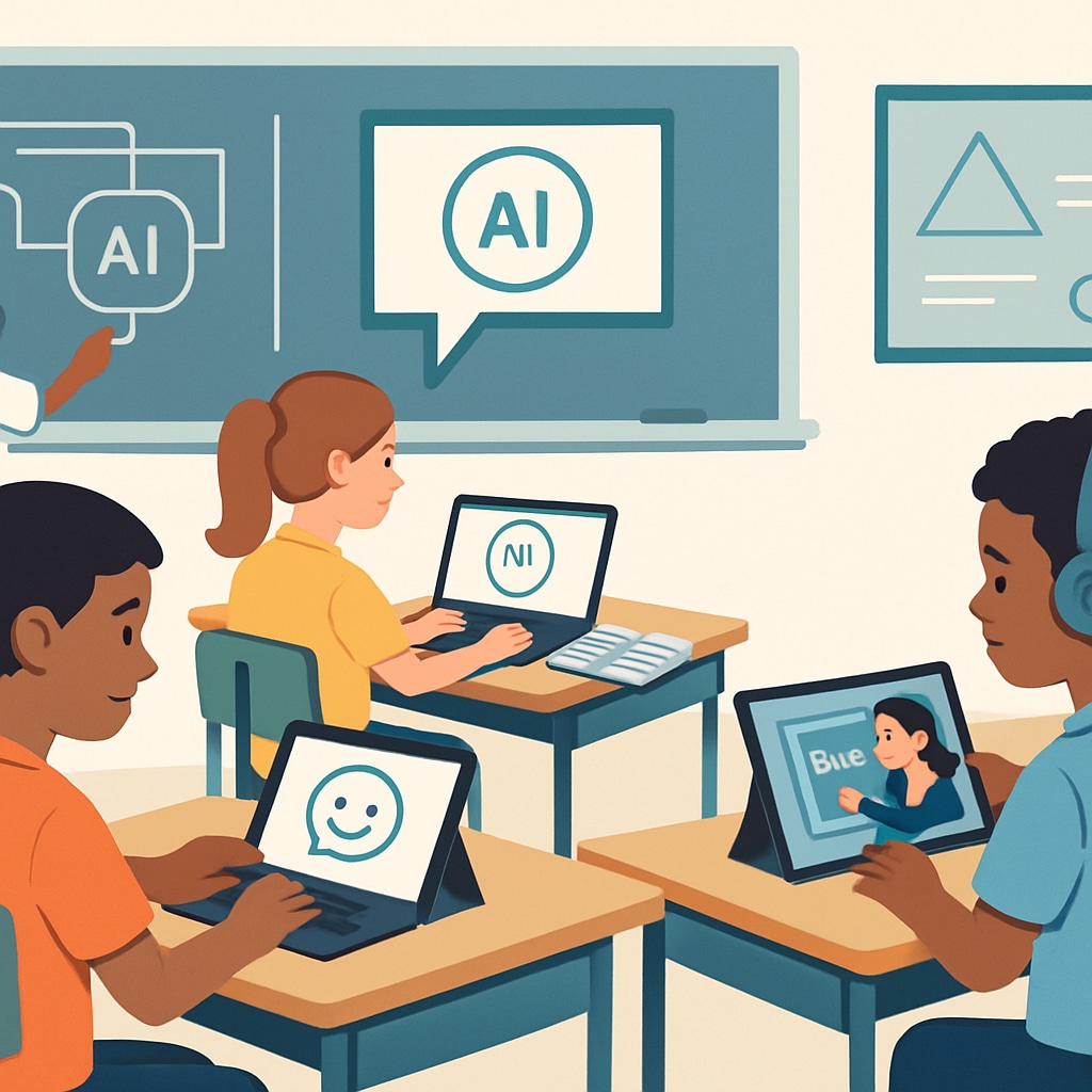 A futuristic classroom with students interacting with AI-powered devices to personalize their learning experience. AI-powered classroom transforming K12 education with personalized learning tools.