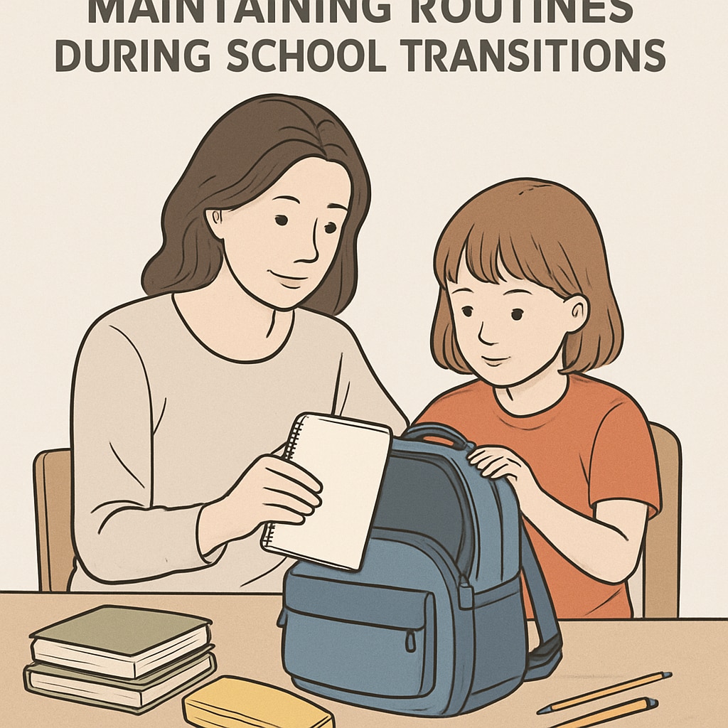 A parent helping a young child pack their school bag, focusing on maintaining routines during school transitions. A parent assisting their child in adapting to a temporary school environment.