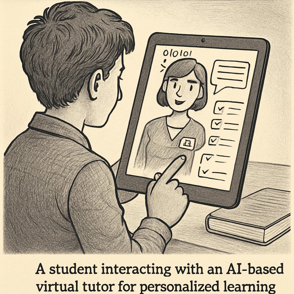 A student engaging with an AI-based virtual tutor displayed on a tablet device, emphasizing personalized learning. A student interacting with an AI virtual tutor for tailored educational support.
