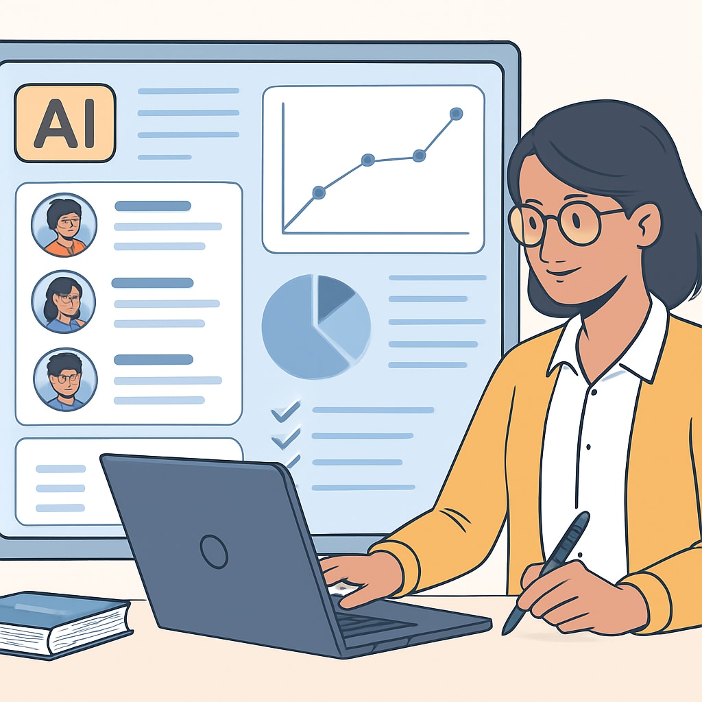 An educator using AI-powered software to assess student performance on a digital platform. Teacher leveraging AI for smarter student assessments in K12 education.