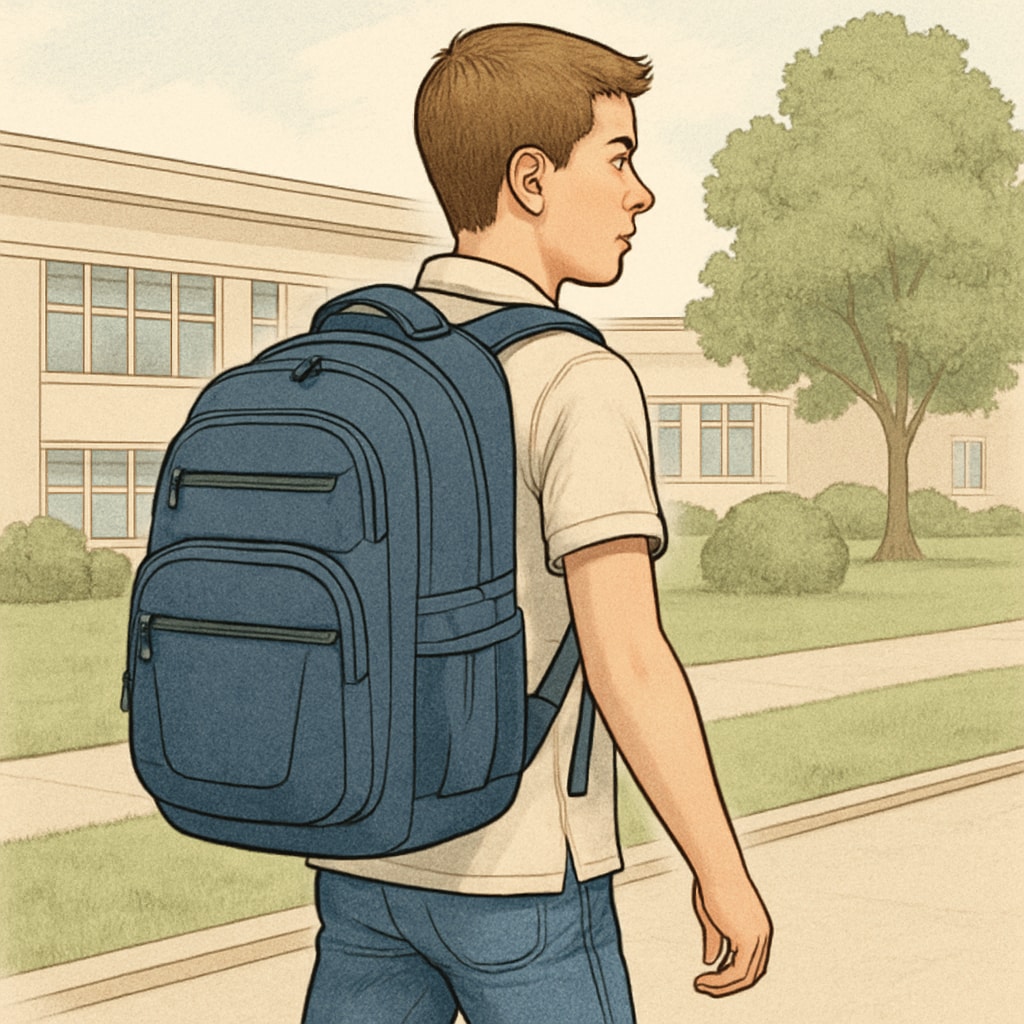 A student walking on campus with a modern backpack, showcasing spacious compartments and comfortable straps. University backpacks with spacious compartments and affordability