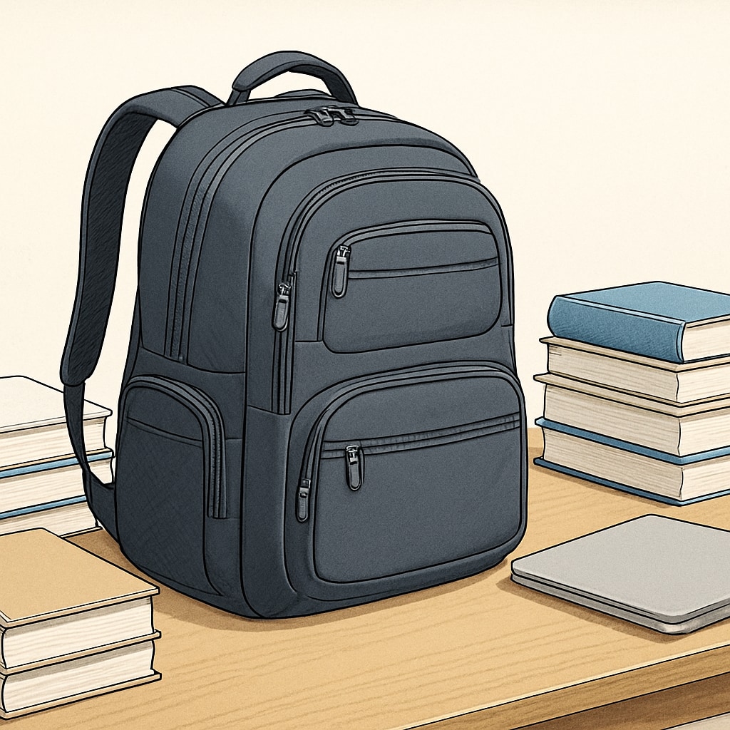 A sleek university backpack with multiple compartments, positioned on a wooden table with textbooks and a laptop nearby. University backpack with compartments for textbooks and laptops.
